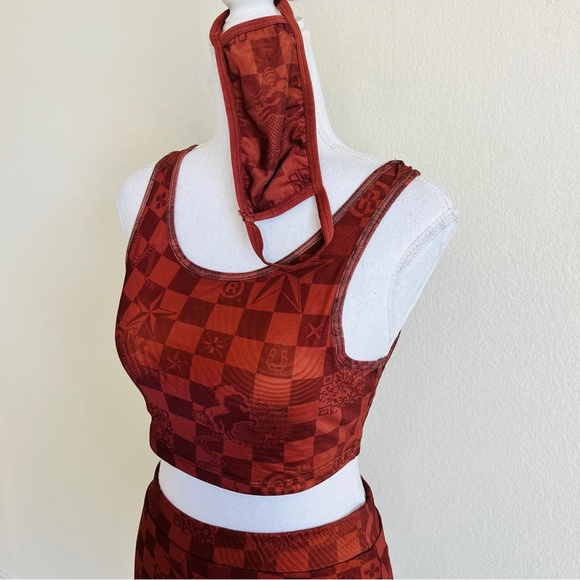 Dolls Kill Luxury Vibes Brown Mesh Checkered Crop Top, Mini Skirt & Mask Set - Picture 3 of 16